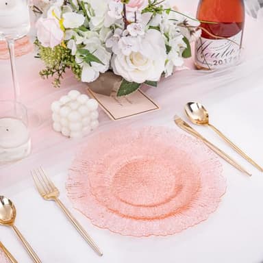 U-QE 60PCS Pink Plates for Party - Pink Plastic Plates Disposable&Reusable - Clear Pink Heavy Duty Plastic Plates for Party Including 30 Plastic Dinner Plates 10" & 30 Plastic Dessert Plates 7" - Image 7