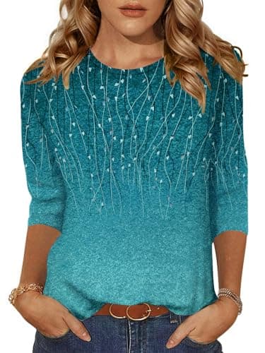 Zeagoo Leaves Print Three-Quarter Sleeve T-shirt Casual Crew Neck Top For Summer Fall Women's Work Clothing - Image 1