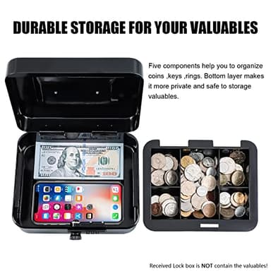 KYODOLED Cash Box with Combination Lock Safe Metal Money Box with Money Tray for Security Lock Box 7.87"x 6.30"x 3.35" Black - Image 4