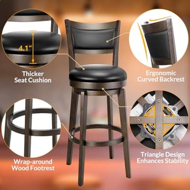 PrimeZone Swivel Bar Stools Set of 4, 30 Inch Bar Height Barstools, Black Faux Leather Bar Stool with High Backrest & Solid Wood Legs & Wrap-Around Footrest, Counter Stools for Kitchen Island, Pub - Image 5