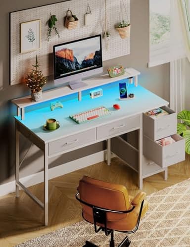Seventable Computer Desk with Power Outlets & LED Light, 47 inch Home Office Desk with 5 Drawers, Writing Desk with Monitor Stand, Work Desk for Home Office, White - Image 4