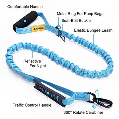 LEADSOM 6FT Highly Reflective Heavy Duty Elastic Bungee Medium and Large Dog Leash Shock Absorbing with Comfortable Padded Handle and Traffic Handle Suitable for Training Light Blue - Image 2