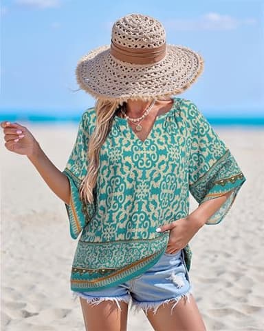 Bebonnie Linen Shirts for Women: 3/4 Sleeve Dressy Casual V Neck Boho Tops - Summer Linen Beach Vacation Clothes - Ladies Blouses Work Professional Flattering Outfits to Hide Tummy Multi Blue XL - Image 4