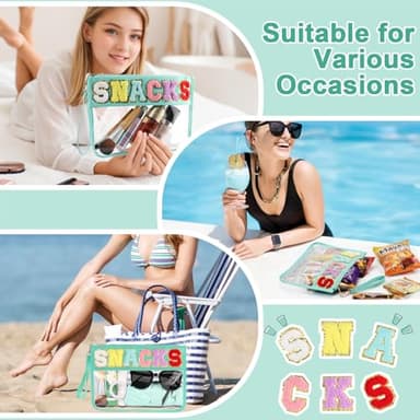 Snack Bag for Travel - Clear Chenille Varsity Letter Flat Pouch with Zipper, Waterproof Clear PVC&PU Preppy Patch Makeup Cosmetic tote Bags for Women (Green-Snacks) - Image 6