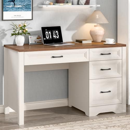 Vabches Farmhouse Executive Desk with Storage and Ample File Drawer, Rustic Large Home Writing Desk for Bedroom, White - Image 1