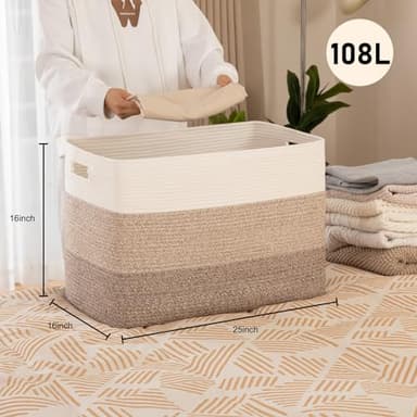 OIAHOMY 108L Super Large Blanket Basket, 25”x16”x16”(108L) Rectangle Woven Baskets for Storage, Cotton Rope Basket For Living Room, Toy Storage with Handle- Gradient Brown - Image 2