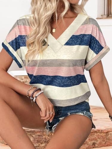 EyMuse 2 PCS Women's Short Sleeve V Neck Tops Casual Summer T Shirts Ladies Basic Tees Fashion Soft Comfortable Tunic,Multicolor+Black,XXL - Image 5