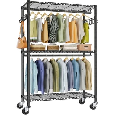 VIPEK R2 Plus Heavy Duty Rolling Garment Rack 3 Tiers Adjustable Wire Shelving Clothes Rack with Double Rods and Side Hooks, Freestanding Wardrobe Storage Rack Metal Clothing Rack, Black - Image 1
