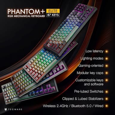 TECWARE Phantom+ Elite 87 Key RGB Mechanical Gaming Keyboard, LED Backlit, Universal Hot-Swap, Wired and Wireless, 3 Mode Connectivity, Thocky Sounding, Black Elite Wraith Brown - Image 2
