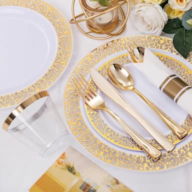 WELLIFE 175Pcs Gold Dinnerware Sets, Include:25 Dinner Plates, 25 Dessert Plates, 25 Paper Napkins, 25 Cups, 25 Plastic Cutlery Set - Image 4