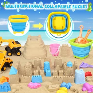 FHOZGECY Beach Toys, 35Pcs Sand Toys with 3 Construction Vehicles, 3 Collapsible Beach Bucket, Sand Castle Building Kit, Sand Molds, Shovel Set, Mesh Bag, Travel Toys for Toddlers Kids Boys Girls - Image 4