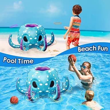 iPlay, iLearn Pool Wave Kids Octopus Pool Toys, 2-in-1 Inflatable Float Water Game, Basketball Hoop Ring Toss Outdoor Swim Play, Cool Summer Family Party Gift 3 4 5 6 7 8 Year Old Boy Girl Child-Blue - Image 3