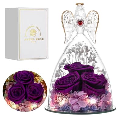 Tiaronics Mothers Day Rose Gifts for Women, Large Angel Figurines with Real Roses, Preserved Real Flower Rose for Her - Purple - Image 1