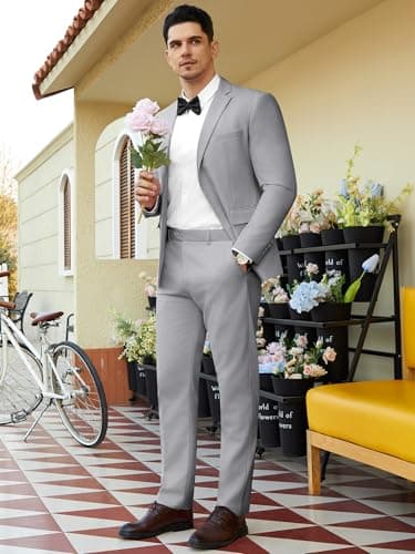 WEEN CHARM Mens Suits Slim Fit 2 Piece Wedding Tuxedo Two Button Groom Prom Party Solid Blazer Pants Suit Set Light Grey - Image 2