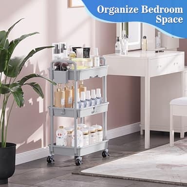 SUNALLY 3 Tier Rolling Cart with Drawer, Bathroom Storage Organizer with 2 Lockable Wheels, Multifunctional Rolling Storage Cart for Bathroom, Kitchen, Office, Craft, Makeup, Baby Essentials, Gray - Image 6