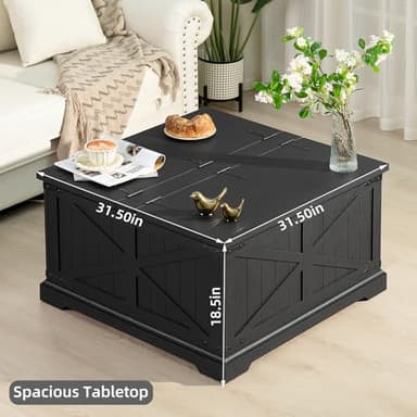 Joaxswe Farmhouse Coffee Table with Large Hidden Storage Compartment, Rustic Black Square Center Table, Wood Low Farm House Modern Living Room Tables with Hinged Lift Top & Wooden Arc Base - Image 3
