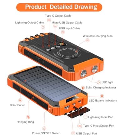 GOODaaa Power Bank Wireless Charger 36000mAh Built in 4 Cables Six Outputs 15W Fast Charging Power Bank for All Mobile Devices Three Inputs Solar Portable Charger with Dual Flashlights, Carabiner - Image 8