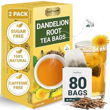 LeafLea 80 Dandelion Tea Bags, All Natural and Pure Dandelion Root Tea, Supports Digestion & Immune Health, Individually Wrapped Tea Bags, Caffeine-Free, Vegan, No Sugar, Gluten-Free, Non-GMO, 2 Pack - Image 1