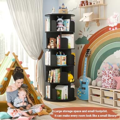 Besiost Rotating Bookshelf Tower, 5 Tier Spinning Bookcase, Revolving 360 Book Shelf Narrow Tall Bookcase, Vertical Turning Round Bookshelf Organizer, Wood Corner Book Shelf for Small Space, Black - Image 4