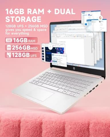 HP 14 Inch Student Business Laptop - Intel N150 | Elegant Pale Rose Gold | Lightweight, AI Copilot Key | 16GB RAM | 384GB Storage(128GB UFS+256GB MSD) | 1 Year Office 365 | Win 11 Pro,w/Accessory - Image 5