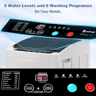 GODECOR 1.5 Cu.Ft Full-Automatic Washing Machine, 17.8 lbs Compact Portable Washer with Stainless Steel Drum, 8 Programs & 5 Water Levels, Child Lock & Delay Start, Top Load - Image 3