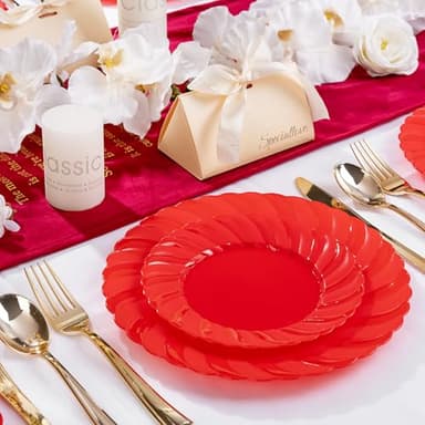 U-QE 100Pcs Red Plastic Plates - Red Scalloped Plastic Plates for Party - Heavy Duty Plastic Plates Disposable Include 50 6 '' Dessert Plates, 50 9 '' Dinner Plates Suite for All Occasions - Image 6