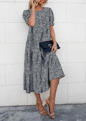 PRETTYGARDEN Summer Dresses for Women 2025 Casual Floral Boho Midi Sun Dress Puff Short Sleeve Flowy Beach Vacation Sundress (Black/White,Large) - Image 3