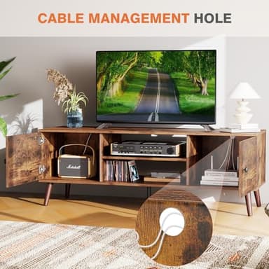 Sweetcrispy TV Stand for 55 60 inch TV, Modern Mid Century Entertainment Center with Storage, Media Console Table 2 Cabinet, Soft Hinge, Handle Door, Wooden Living Room, Office Furniture, Rustic Brown - Image 4