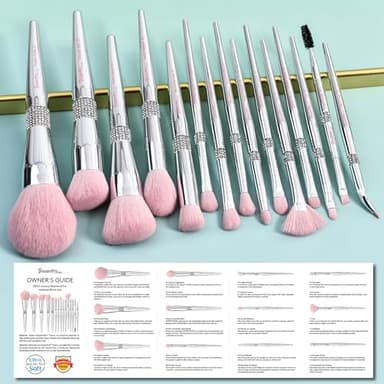 Bueart Design Elegant pink Ultra soft labeled Makeup Brushes Sets with Brush Holder makeup brush set with Foundation Powder blush blending contour Brush (15Pcs Silver Pink+Holder) - Image 4
