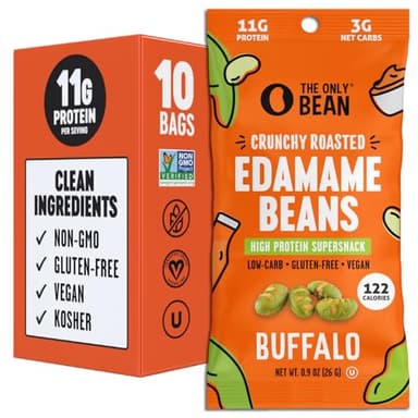 The Only Bean Crunchy Roasted Edamame Snacks (Buffalo) – High Protein (11g), Low Carb Keto Vegan Office Snack, Gluten Free Healthy Snacks for Adults and Kids, 0.9oz (Pack of 10) - Image 1