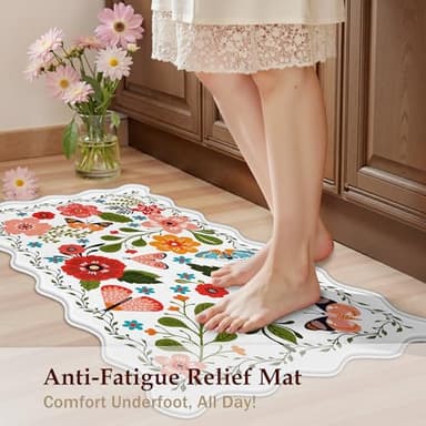 Arenarug Scalloped Kitchen Mats for Floor 2PC Cushioned Anti Fatigue Kitchen Mats Rugs Waterproof Non Slip Farmhouse Boho Floral Comfort Foam Standing Mat for Sink Laundry, White - Image 4