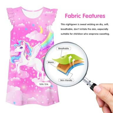 uideazone Unicorn Nightgowns for Girls Size 7-8 Pink Flutter Sleeve Nightdress Rainbow Cloud Princess Pajamas Dress M - Image 7
