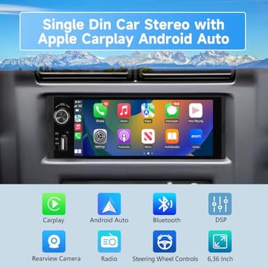Pyniro Single Din Car Stereo, 6.36 Inch CarPlay & Android Auto HD IPS Touchscreen Radio with Bluetooth with Backup Camera, Support USB Type-C Charging/USB/Mirror Link/Microphone/FM/EQ - Image 2