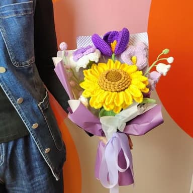 GREOENEL AMOR Completed Crochet Flowers Bouquet Sunflower Handmade Knitted Bouquet for Birthday Wedding Home Decor Gifts for Mom (Purple Crochet Flowers Bouquet Sunflower-033) - Image 6