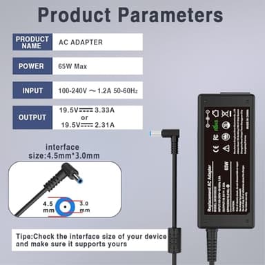 19.5V 3.33A 65W Laptop Charger for HP Elitebook 840 850 845 830 820 G3 G4 G5 G7 G8 G9, HP ProBook, Envy, Pavilion, Spectre, Stream, Notebook 15 Series Smart Blue Tip Power Cord Adapter - Image 2