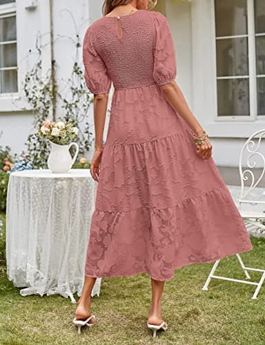 MEROKEETY Women's 2025 Summer Cute Bubble Sleeve Shirred Bohemian Dress Flowy Pleated Midi Long Dresses,Tearose,M - Image 4
