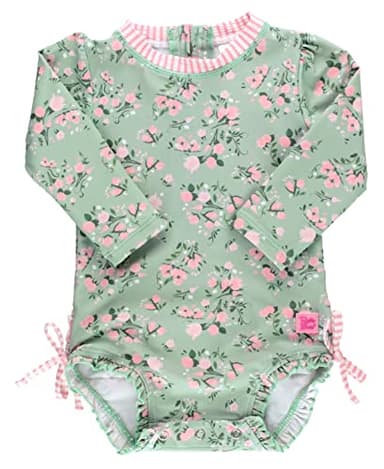 RuffleButts Baby Girls UPF 50+ Sun Protection Floral Printed Long Sleeve One Piece Rash Guard Swimsuit with Zipper - Tea Roses, 6-12m - Image 1