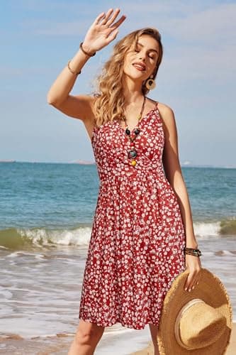 STYLEWORD 2025 Womens Summer V Neck Dresses Sun Spaghetti Strap Petite Sundress Casual Beach Hawaiian with Pocket(Floral46-412,M) - Image 3