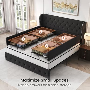 LARMACE King Size Bed Frame with 4 Storage Drawers and Tufted Headboard Velvet Upholstered Platform Bed Frame Wingback Beds with Wooden Slats Support, Easy Assembly, Black - Image 4