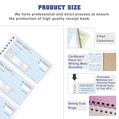 Zzrywuty Money and Rent Receipt Book with Cardboard Insert,2-Part Carbonless,5.3”x11.2” Spiral Bound,200 Sets per Book,4 Receipts per Page for Office Supplier,Rent and Cash Transaction - Image 3