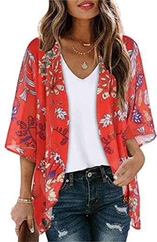 Summer Kimono Cardigan for Women Sheer Boho Tops Casual Open Front Swimwear Shirts Beach Cover ups (Boho Red,L) - Image 1