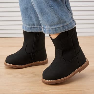 BMCiTYBM Baby Cowboy Cowgirl Boots Infant Western Boots Toddler Boys Girls Round Toe Riding Mid Calf Boots All Seasons for 6 9 12 18 24 Months Black Size 5 Toddler - Image 2