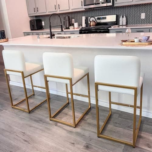 ALPHA HOME 24” Bar Stools Set of 3 Counter Height Bar Stool Pu Leather Kitchen Modern Bar Stools with Backrest Upholstered Footrest Sturdy Chromed Metal Steel Frame, Off-White - Image 1