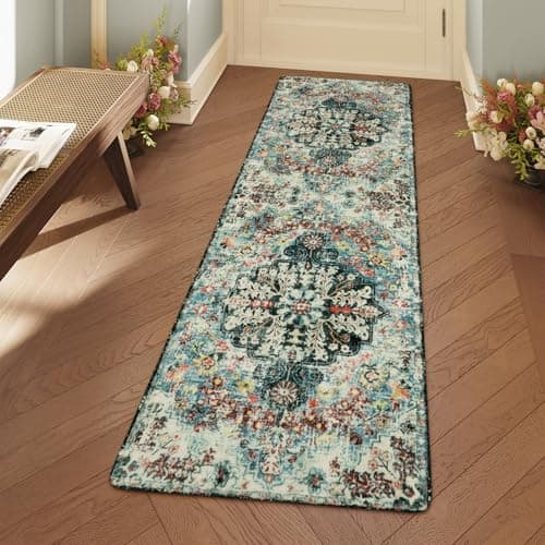 Lahome Bohemian Floral 2'8" x 8' Washable Hallway Runner Rug, Non Slip Kitchen Carpet Runners, Turkish Soft Pet Friendly Stair Mat for Bathroom Laundry Room Sunroom, Teal - Image 1