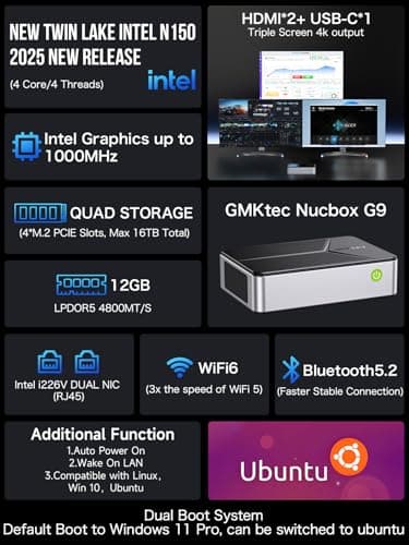 GMKtec G9 Plus Mini PC NAS, Intel N150 Dual Boot 11 Pro Linux Desktop Computer 12GB DDR5 64GB EMMC + 1TB M.2 SSD, 4*M.2 NVMe Slots, Dual NIC 2.5GbE, USB-C 10Gbps, Network Attached Storage - Image 2