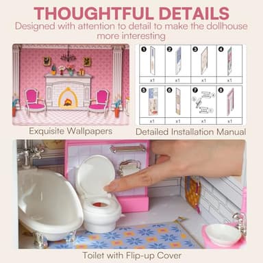 ROBUD Wooden Dollhouse Playset, 3 Stories, 5 Rooms, 24 PCS Furniture, Pretend Play Toys Gift for Kids Toddlers Girls - Image 6