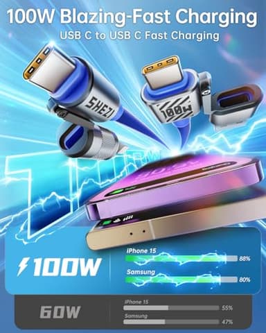 Vexipia 4 in 1 USB C Cable Lightning Cable,100W Fast Charging & Data Transfer,iPhone iPad Charger Cord with Lightning/Type C/USB A for iPhone 16/15/Macbook,IPad,5FT Blue [SHEZI Series] - Image 3