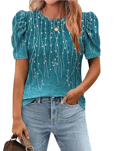 Zeagoo Leaves Print T-Shirt Casual Puff Sleeve Tops for Spring Fall Summer Crew Neck Basic Blouses Shirts Large - Image 1