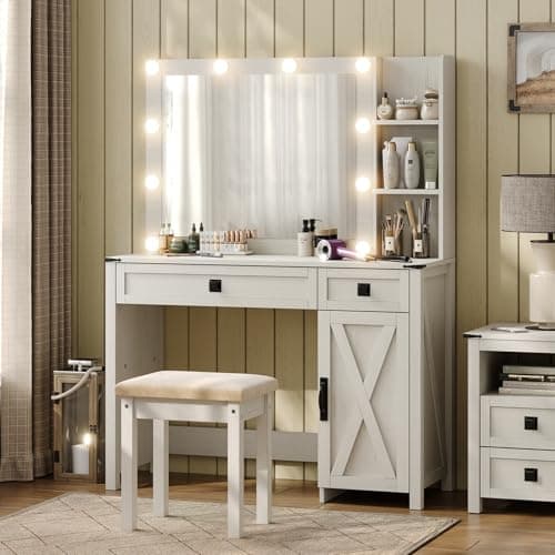 Furniouse 41.6'' Farmhouse Vanity Desk with Mirror and Lights, Makeup Vanity with Large Drawers & Adjustable Shelves, Modern Vanity Set with Stool for Bedroom, Off White - Image 1