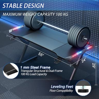 HLDIRECT 55 Inch Gaming Desk with LED Lights, Ergonomic Computer Gaming Table with Carbon Fibre Surface, Sturdy PC Workstation Desk for Home Office with Headphone Hook, Cup Holder, Black - Image 3